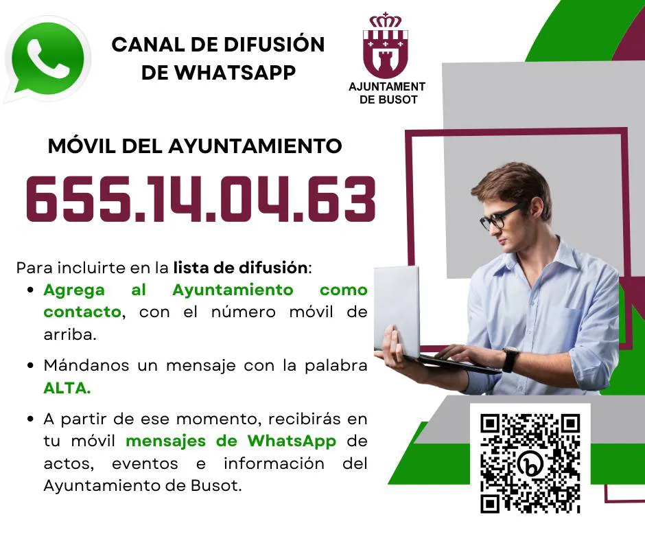 El Ayuntamiento de Busot informa sobre cómo acceder al servicio de difusión en WhatsApp cartel 2024